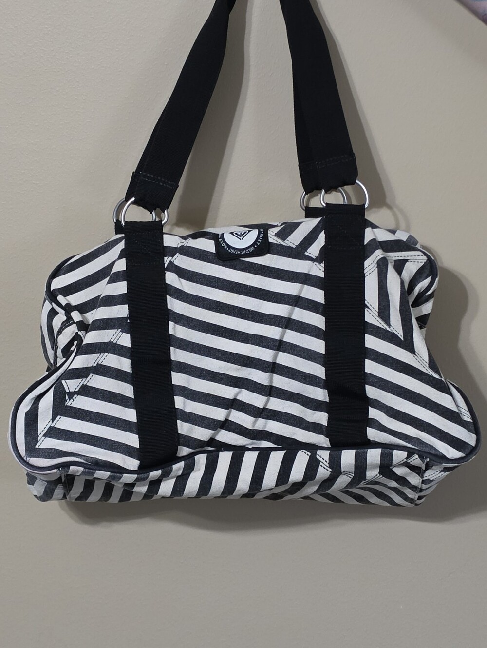 Roxy Y2K Black & Beige Striped Duffle Overnight Shoulder Bag